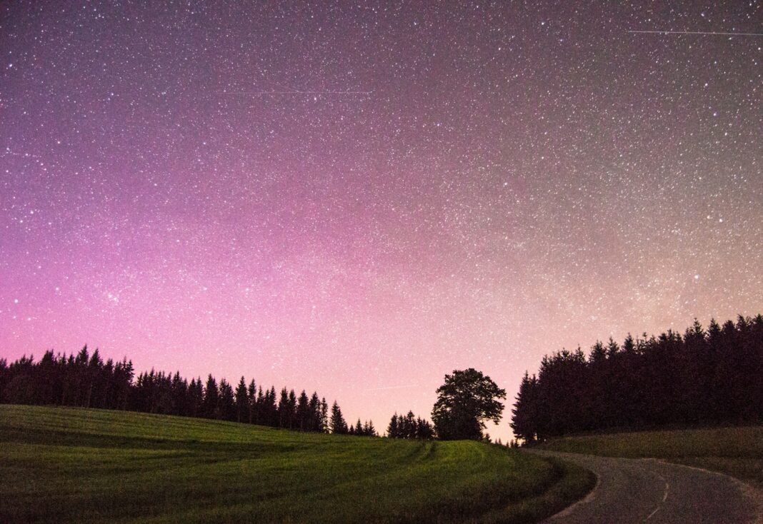 a road going through a lush green field under a purple sky