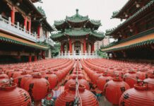 green and red pagoda temple