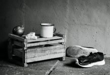 a black and white photo of a pair of shoes