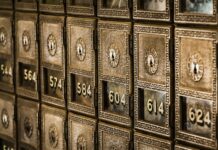 Numbers on metal deposit boxes in a bank