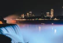 water fountain near city buildings during night time