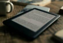 black tablet computer on brown wooden table