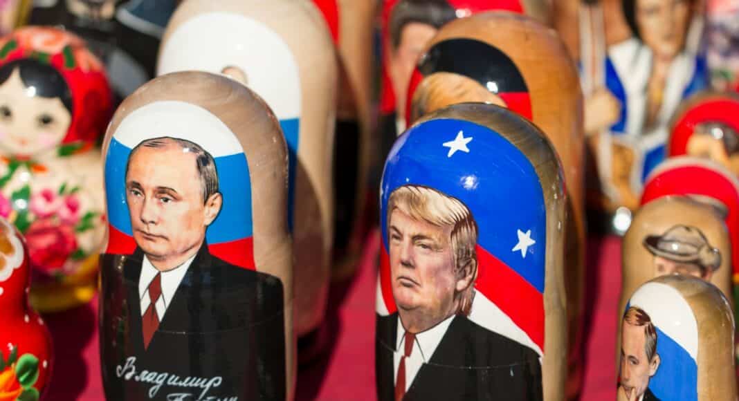 Donald Trump nesting dolls on red textile