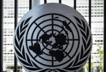 the united nations emblem is on display in front of a window