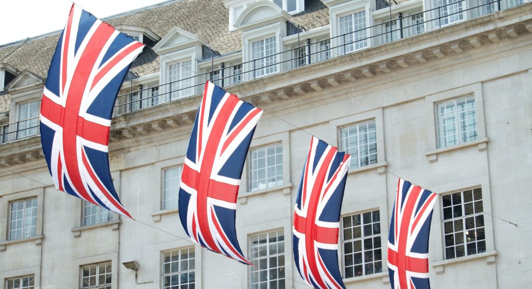 United Kingdom flags hanged near building
