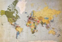 blue, green, and yellow world map