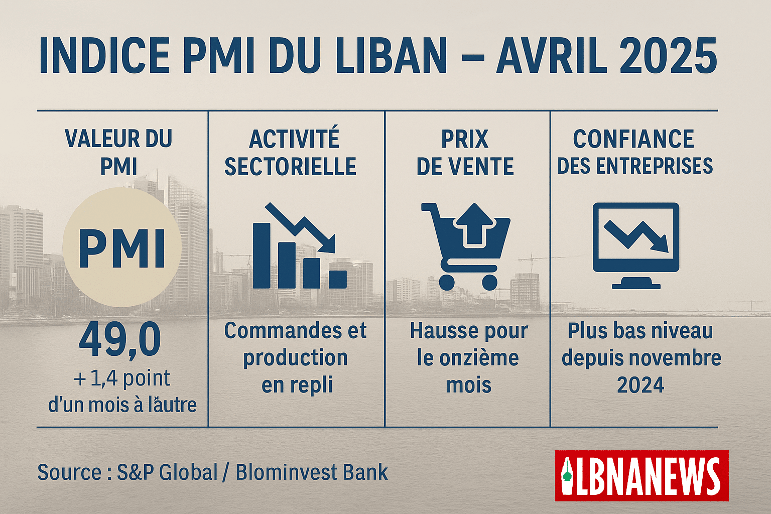 L’indice PMI du Liban atteint 49,0 en avril 2025, signalant une contraction modérée de l’activité privée L’indice PMI du Liban atteint 49,0 en avril 2025, signalant une contraction modérée de l’activité privée