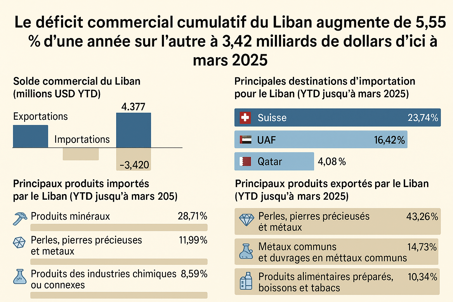 Le déficit commercial cumulé du Liban augmente de 5,55 % en glissement annuel