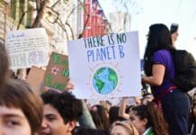 Trump face au dérèglement climatique : du climatoscepticisme au radicalisme Dark MAGA person holding there is no planet b poster