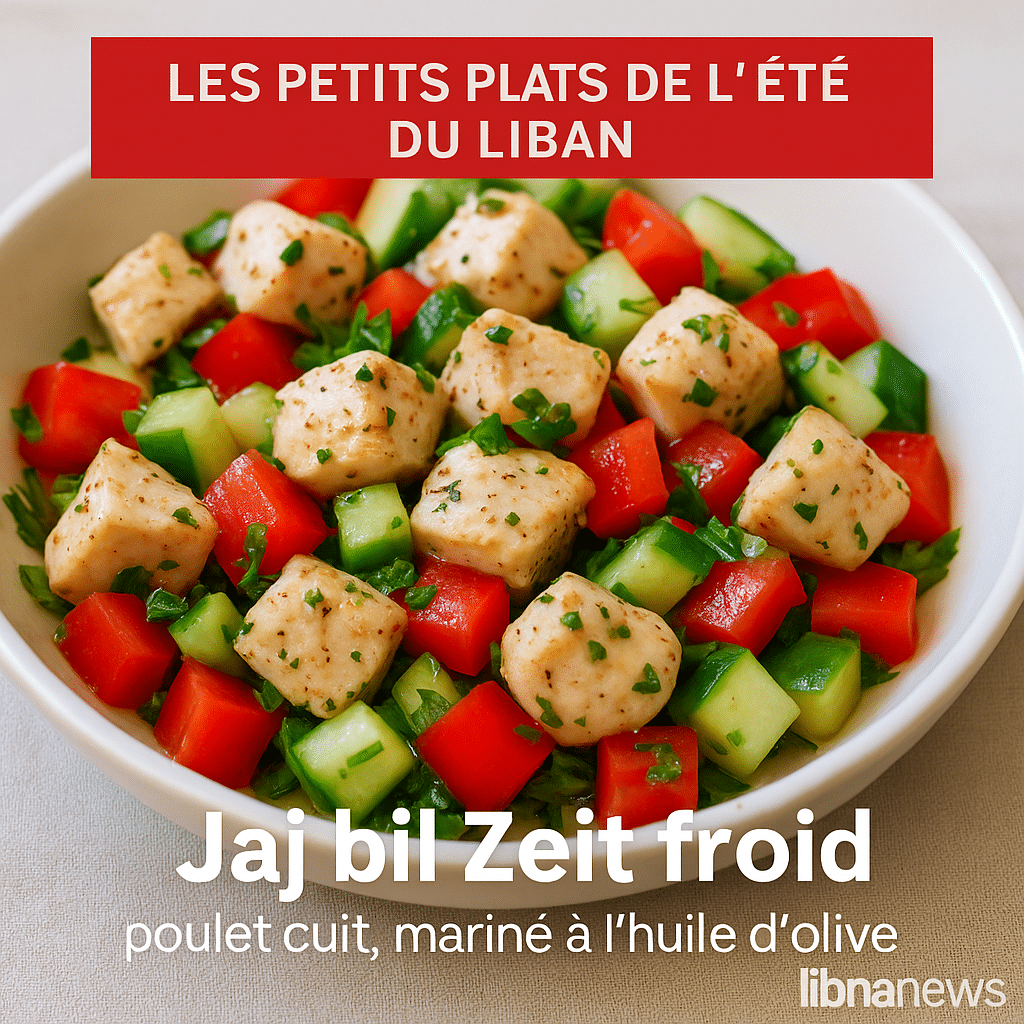 Jaj bil Zeit froid : poulet cuit et mariné à l’huile d’olive