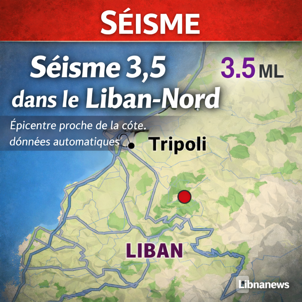 Séisme de magnitude 3,5 enregistré au large du Liban-Nord le 18 janvier 2026