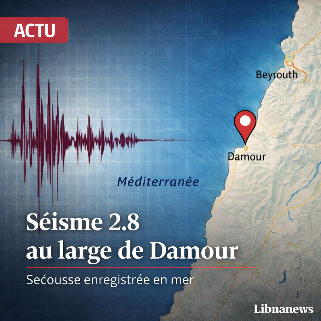 Un séisme de magnitude 2.8 enregistré en mer au large de Damour ce jeudi matin Un séisme de magnitude 2.8 enregistré en mer au large de Damour ce jeudi matin