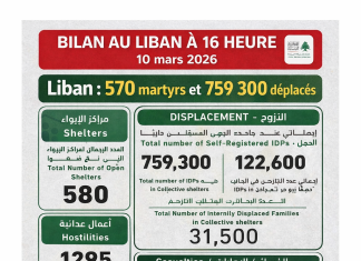 Liban : l’Unité de gestion des risques de catastrophes actualise le bilan à 570 martyrs et 759 300 déplacés