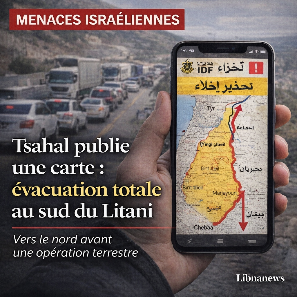 Israël publie une nouvelle carte d’évacuation au sud du Liban : tous les villages au sud du Litani sommés de se déplacer vers le nord avant une opération terrestre