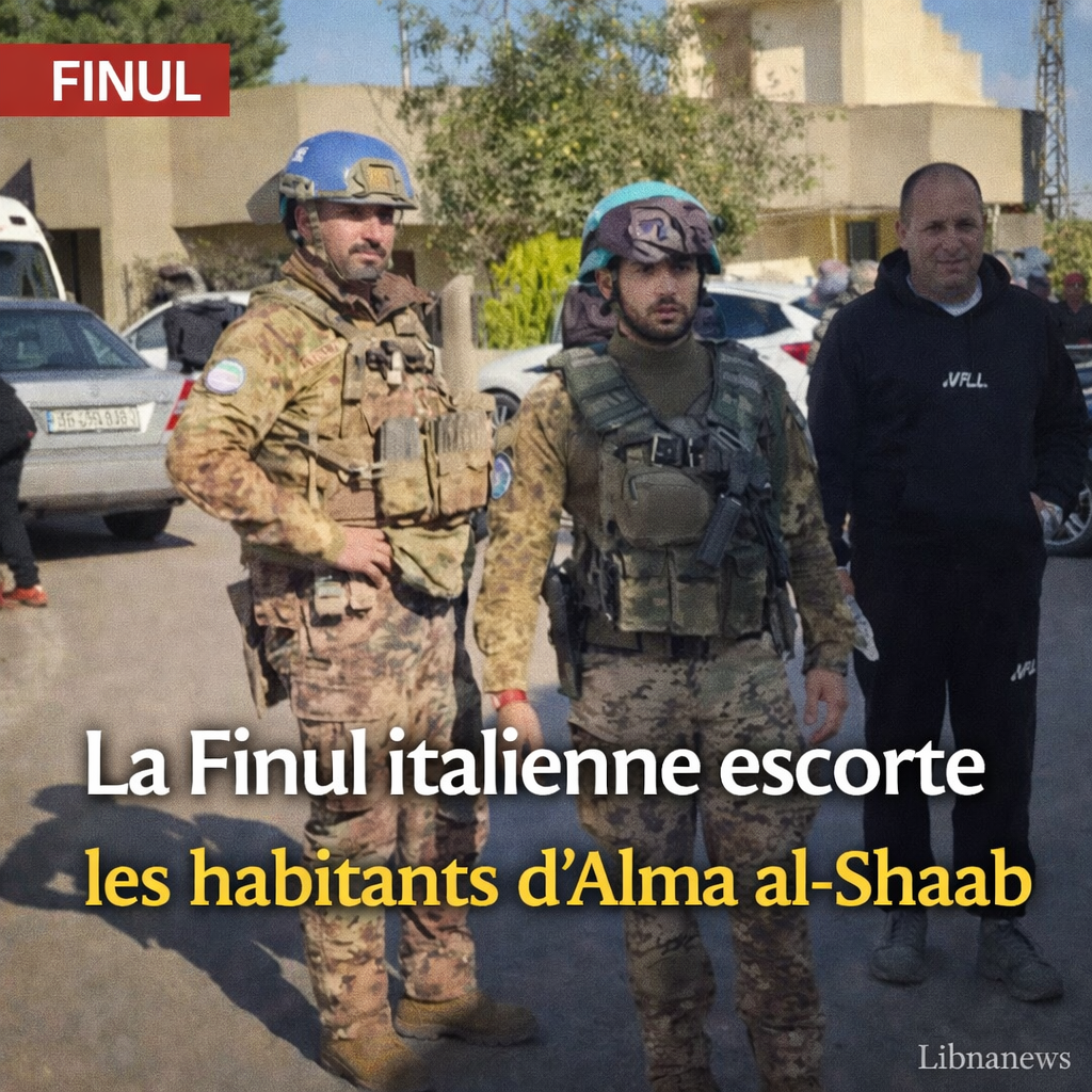 Sud du Liban : Arrivée d’une force du contingent italien de la Finul sur la place de l’église d’Alma al-Shaab pour escorter les habitants en partance