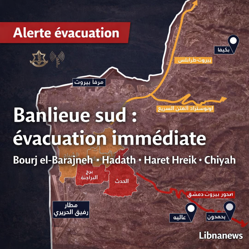 L’armée israélienne publie une nouvelle carte d’évacuation pour la banlieue sud de Beyrouth et ordonne l’évacuation immédiate des quartiers de Bourj el-Barajneh, Hadath, Haret Hreik et Chiyah