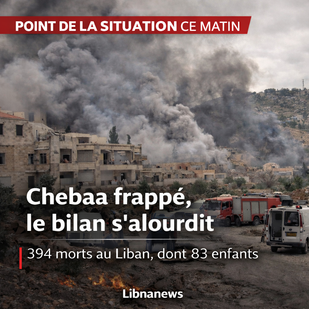 Un agent municipal tué à Chebaa par une frappe israélienne : le bilan au Liban atteint 394 morts dont 83 enfants après une nouvelle journée de bombardements Un agent municipal tué à Chebaa par une frappe israélienne : le bilan au Liban atteint 394 morts dont 83 enfants après une nouvelle journée de bombardements