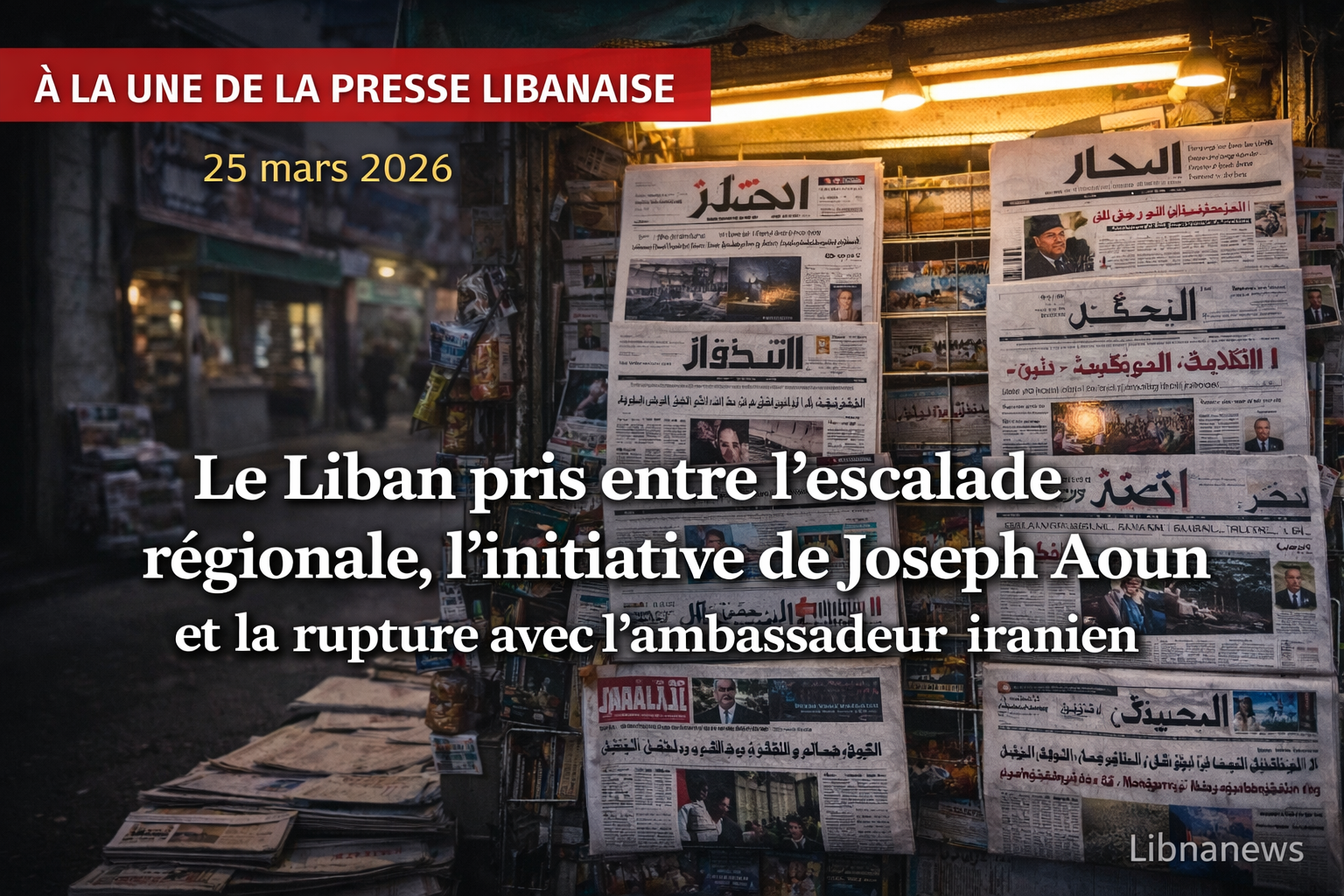Revue de presse: le Liban pris entre l’escalade régionale, l’initiative de Joseph Aoun et la rupture avec l’ambassadeur iranien Revue de presse: le Liban pris entre l’escalade régionale, l’initiative de Joseph Aoun et la rupture avec l’ambassadeur iranien
