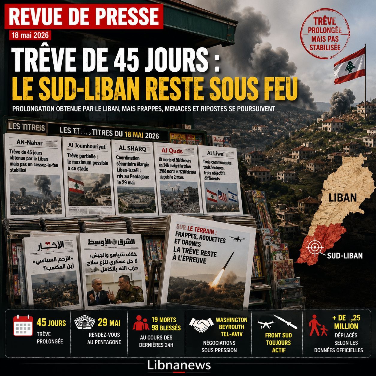 استعراض صحفي: هدنة مضادة للنيران مدتها 45 يوما في جنوب لبنان