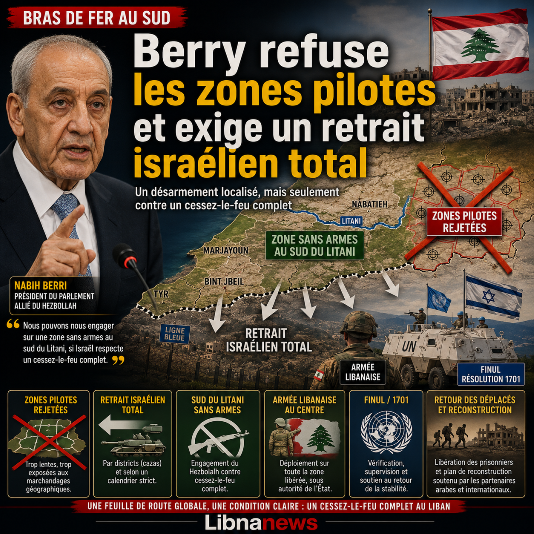Sud-Liban : Berri refuse les zones pilotes et exige un retrait israélien total