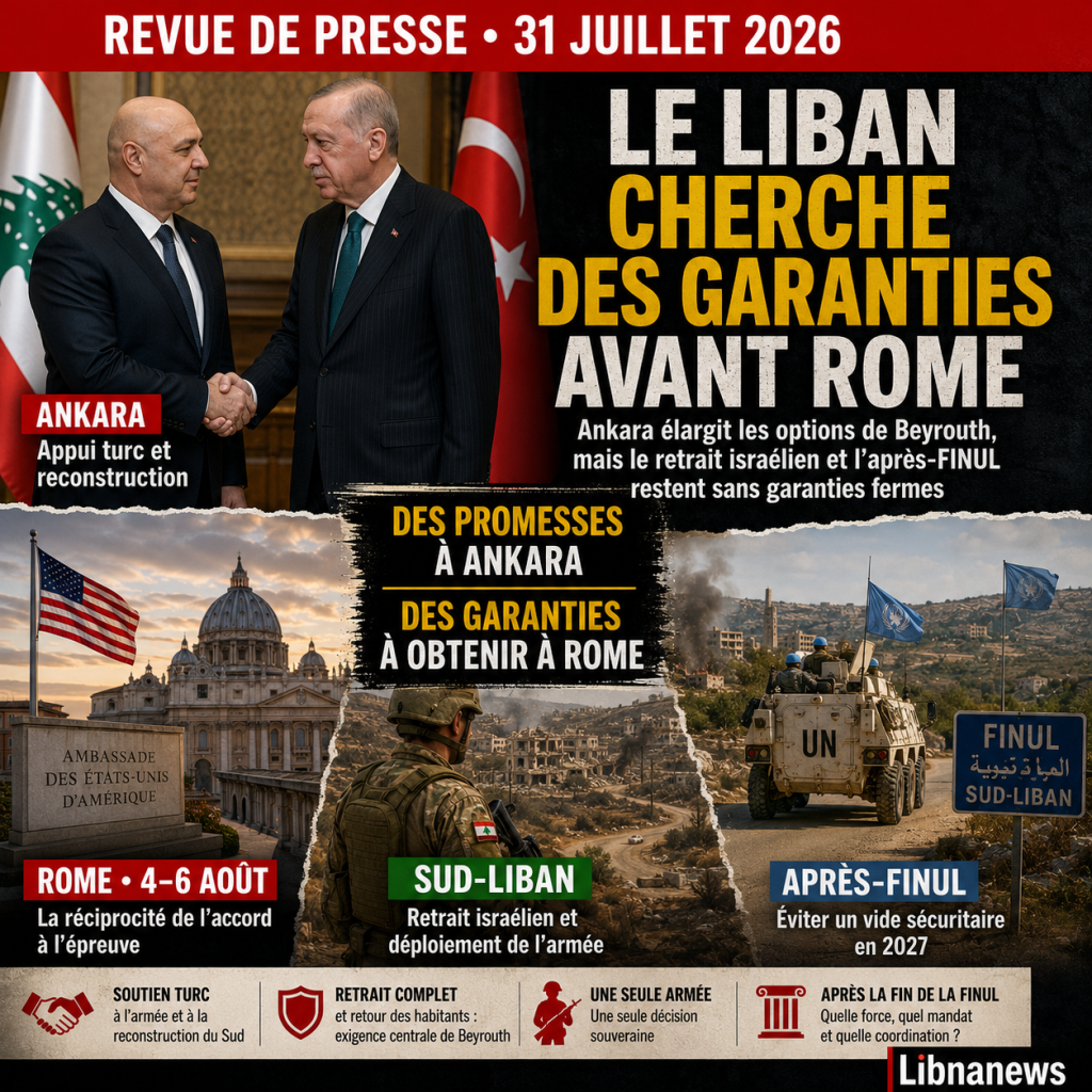 Revue de presse : la souveraineté libanaise entre les garanties d’Ankara et l’épreuve de Rome
